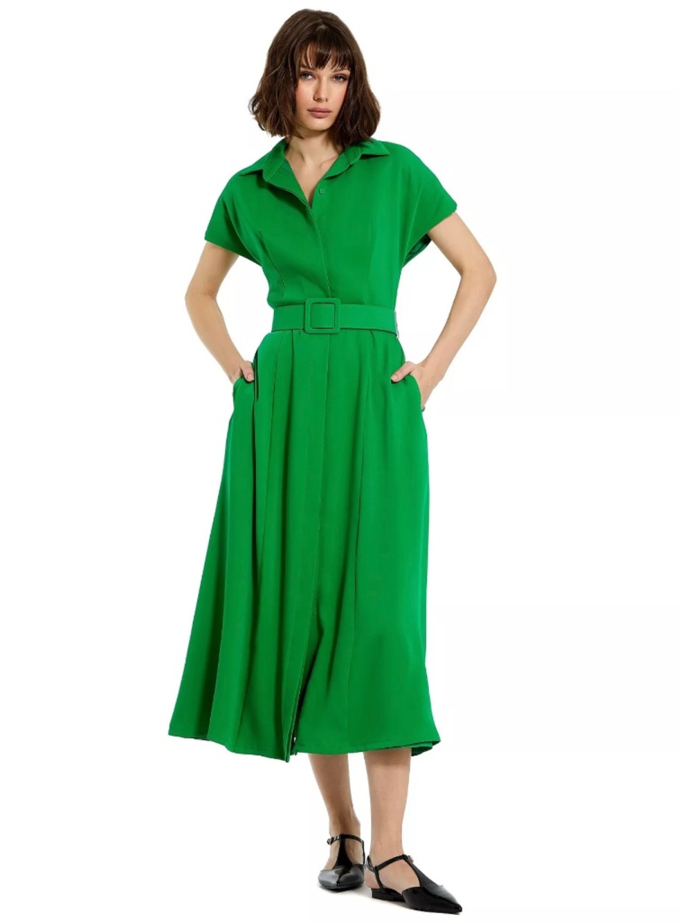 NWT Mac Duggal Crepe Collar Short Sleeve Green Midi Dress - NO BELT